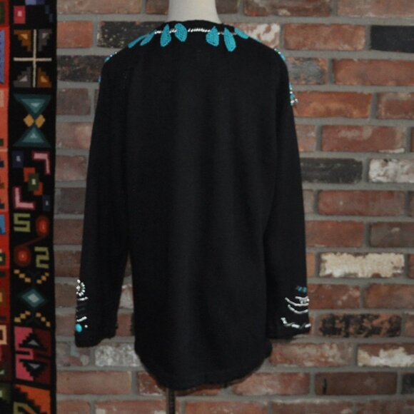 Vintage Embellished Turquoise Silver Beaded Michael Simon Sweater Cardigan KNIT - Picture 4 of 11